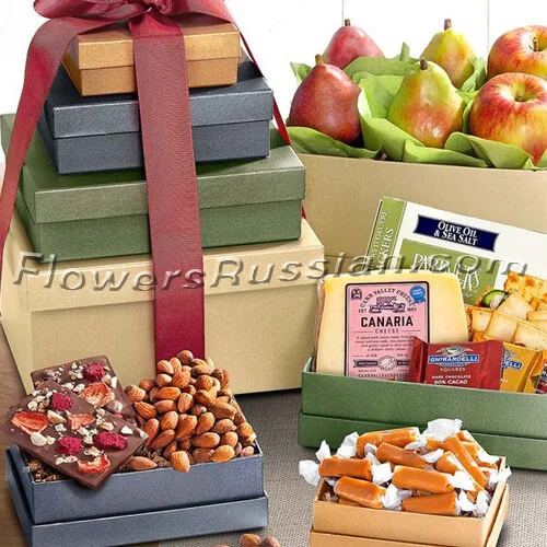 Classic Fruit Cheese & Sweets Gift Tower, Flower Delivery to Russia, FlowersRussian