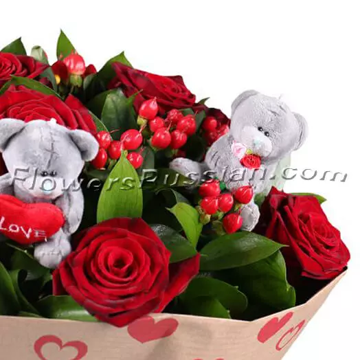 Bouquet Of Roses With Teddies