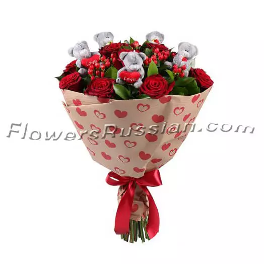 Bouquet Of Roses With Teddies to USA
