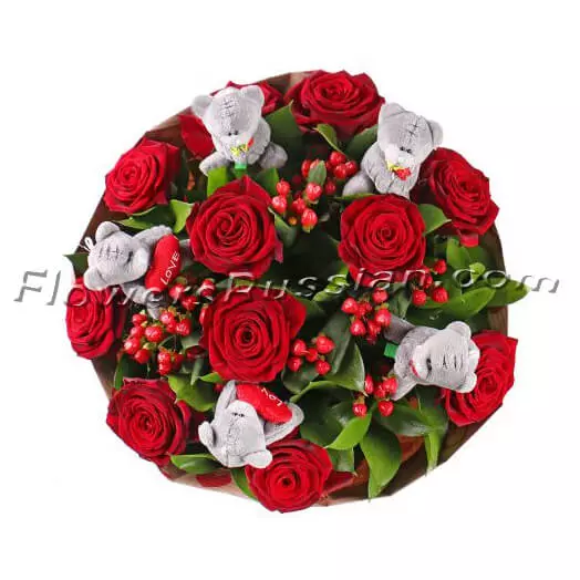 Bouquet Of Roses With Teddies to USA